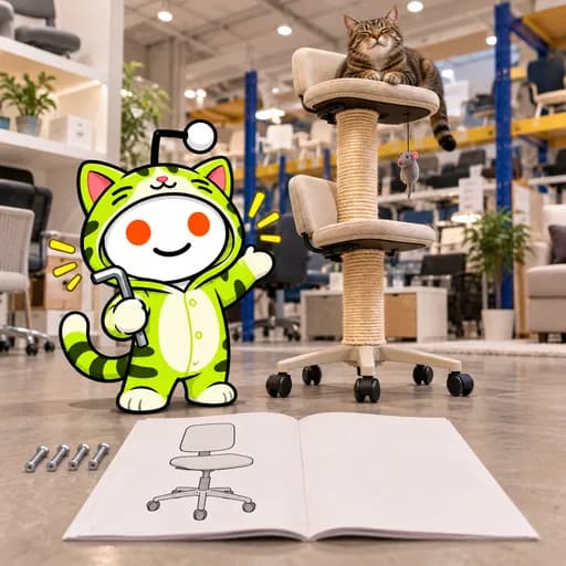 In a photographic furniture showroom, Snoo proudly presents an office chair assembled into a towering cat tree; the instruction sheet shows an ordinary chair.