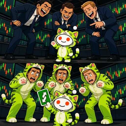 Two panels show three suited brokers laughing at tiny Snoo. In the second panel, Snoo flips a card with reverse arrows and every embarrassed human broker wears the same green cat onesie. No text is visible.